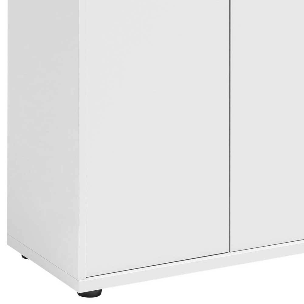 Weißer Aktenschrank mit Doppeltüren, Detail des Sockels und schwarzen Standfüßen – Radiassu