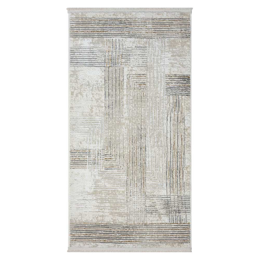 Rechteckiger Teppich in Creme und Hellgrau mit abstraktem geometrischem Muster – Sascora