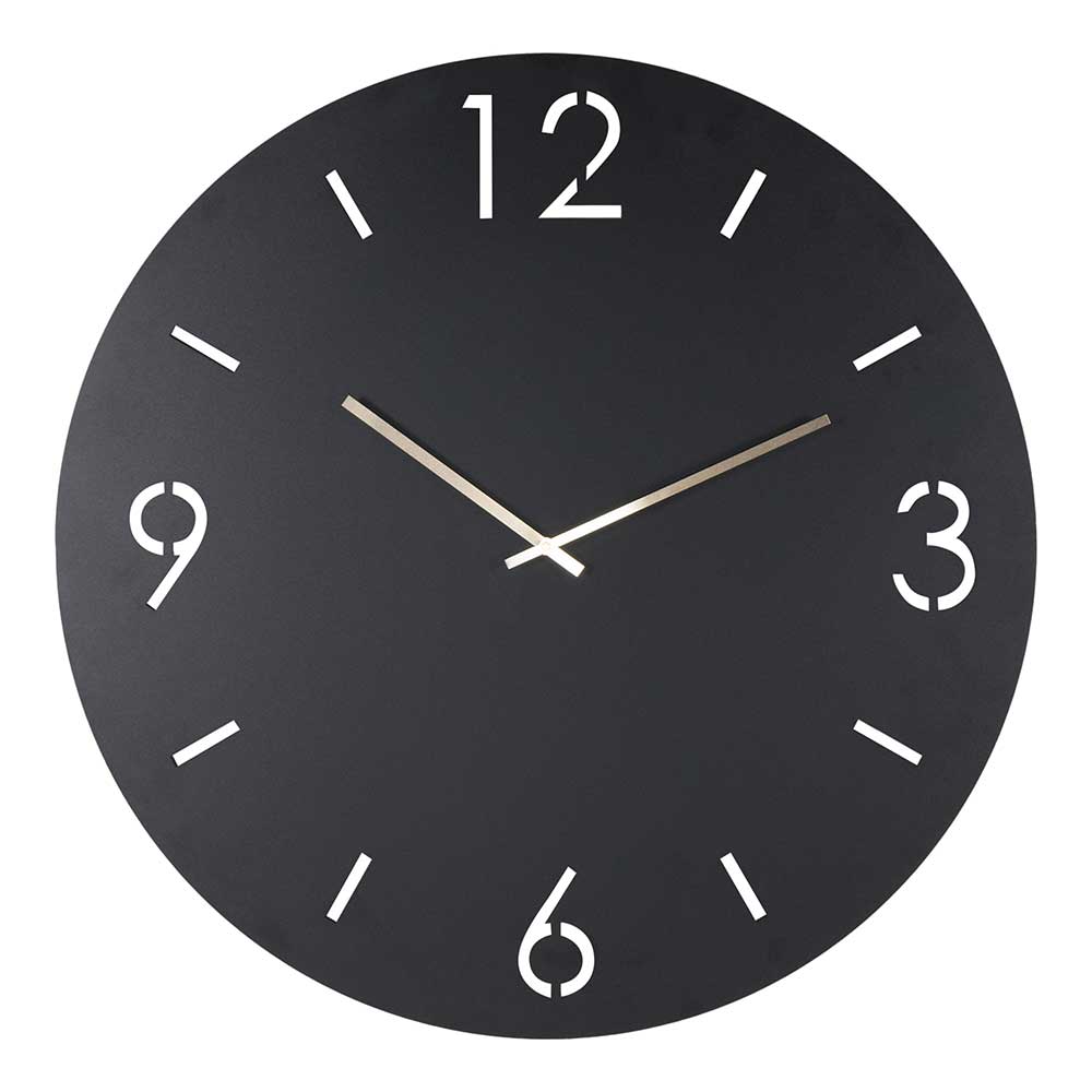 Schwarze runde Wanduhr mit weißen Zahlen und eleganten goldenen Zeigern – Santorina