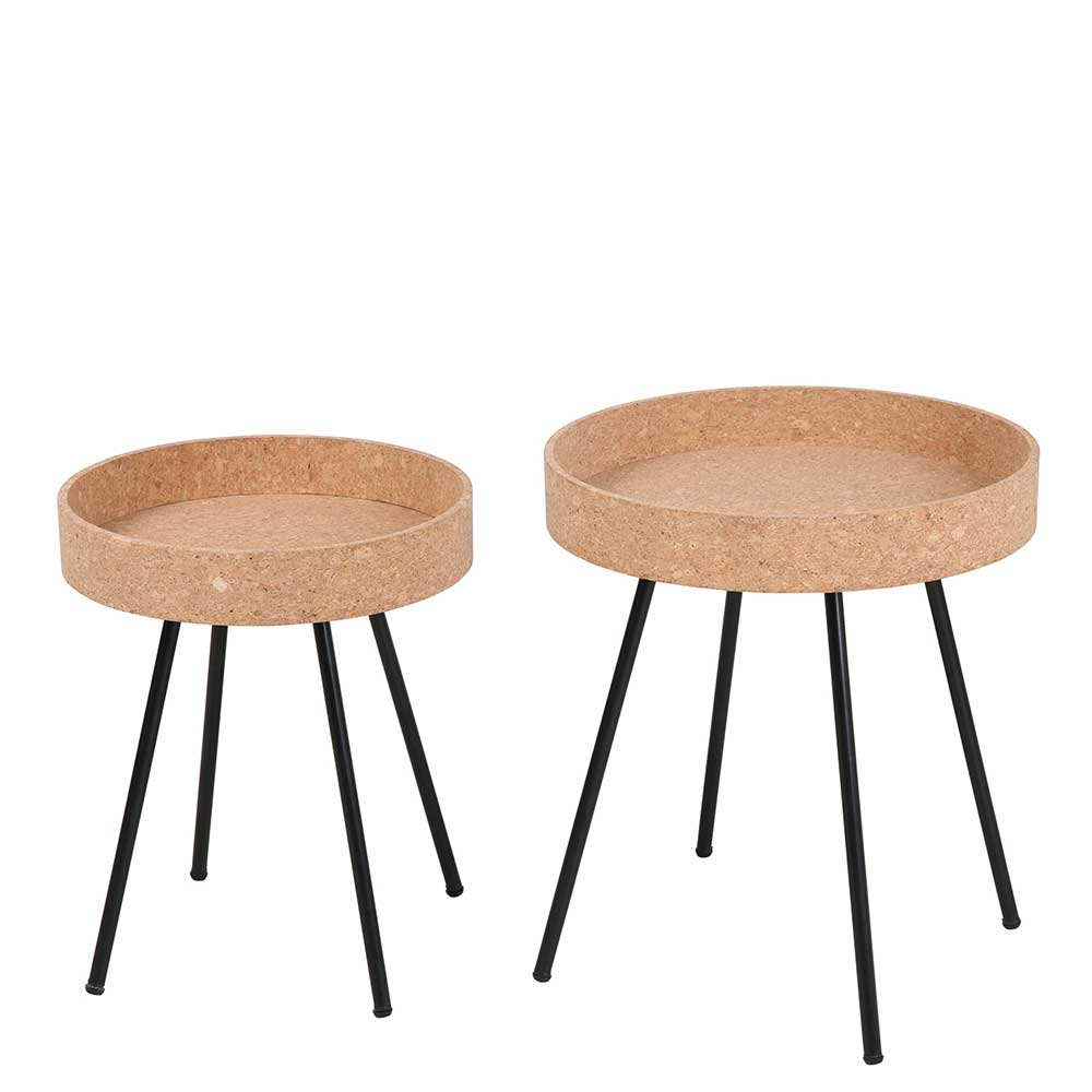 Runde Beistelltische 2er Set mit Kork Natur und schwarzen Metallbeinen – Exas