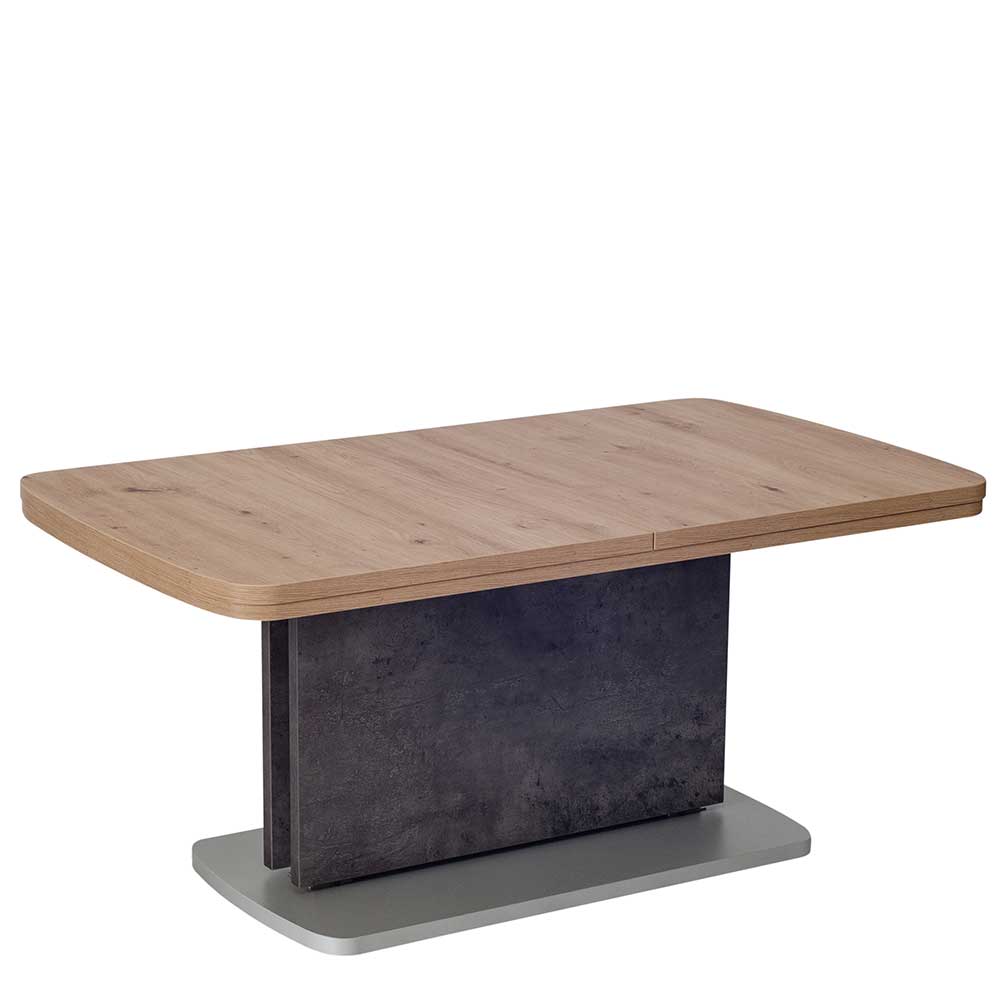Moderner Couchtisch geschlossen mit heller Holzdekorplatte und massivem dunklem Betonsockel – Carismata