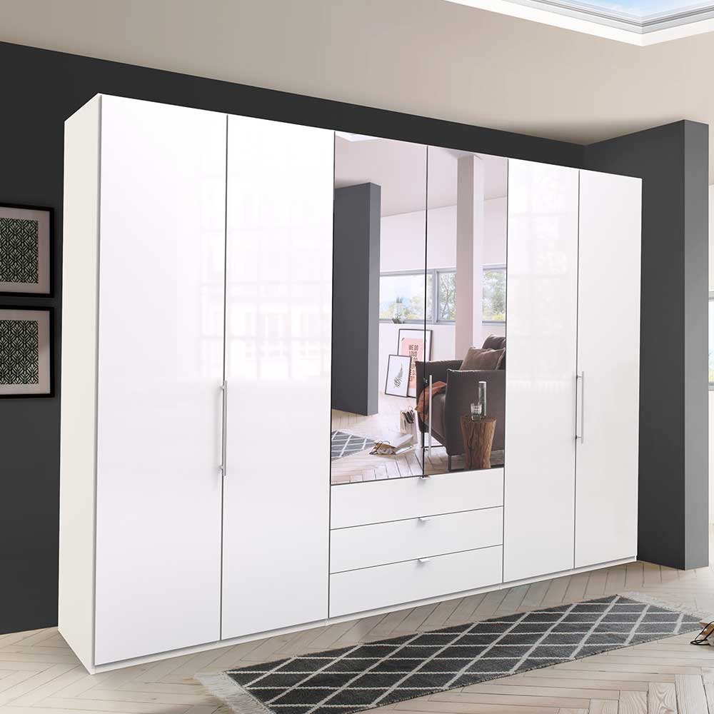 Großer weißer Hochglanz Kleiderschrank mit Spiegeltüren und Schubladen für das Schlafzimmer – Dolienca
