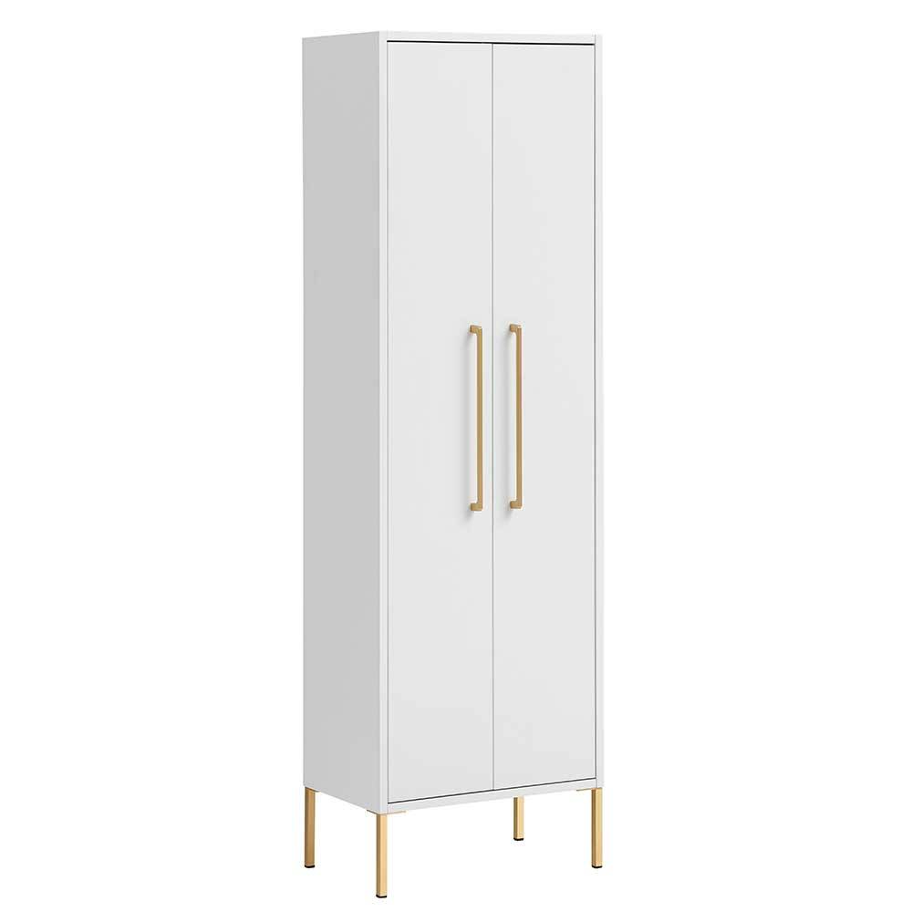 Schlanker weißer Badschrank mit zwei Türen, langen goldenen Griffen und vier schmalen Beinen – Nuszaleva