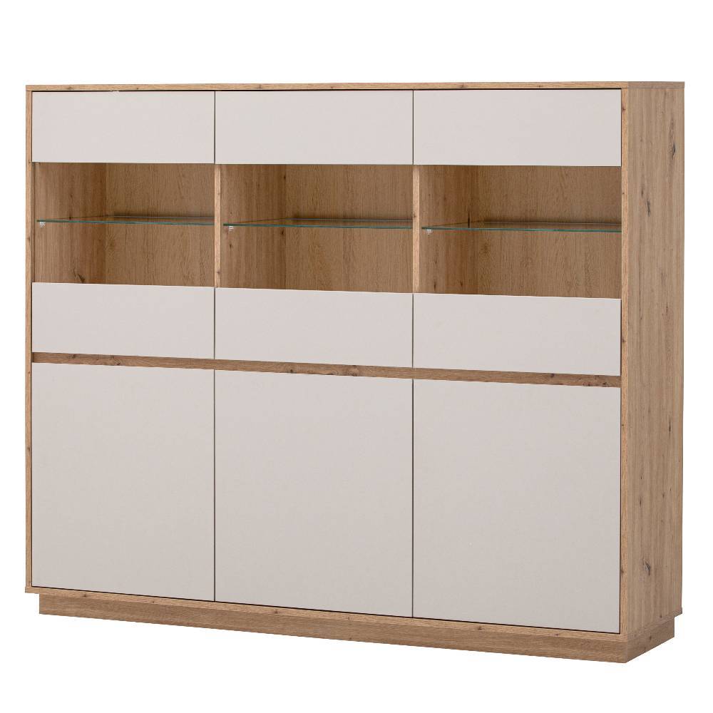 Highboard Vitrinenschrank in Hellgrau und Holzoptik mit Glastüren – Spain