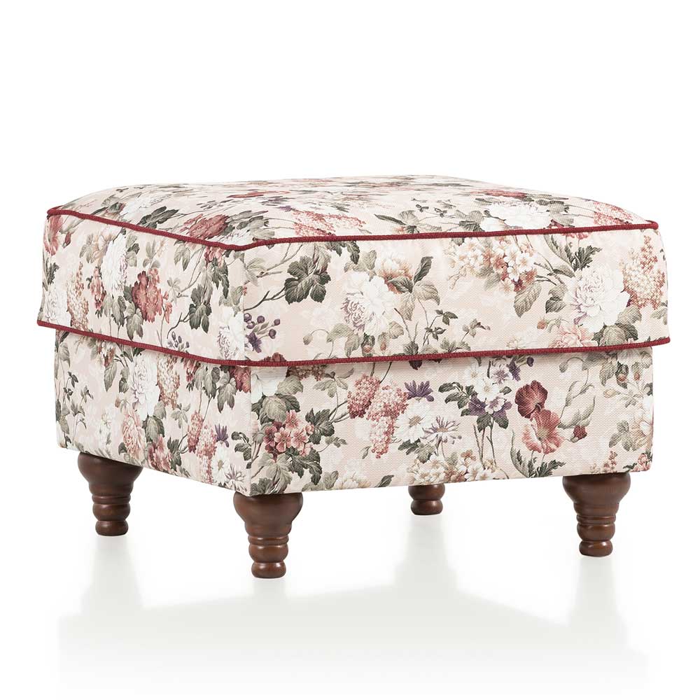 Quadratischer Landhaus Polsterhocker mit Vintage Blumen Muster als stilvolles Wohnzimmermöbel – Baonga