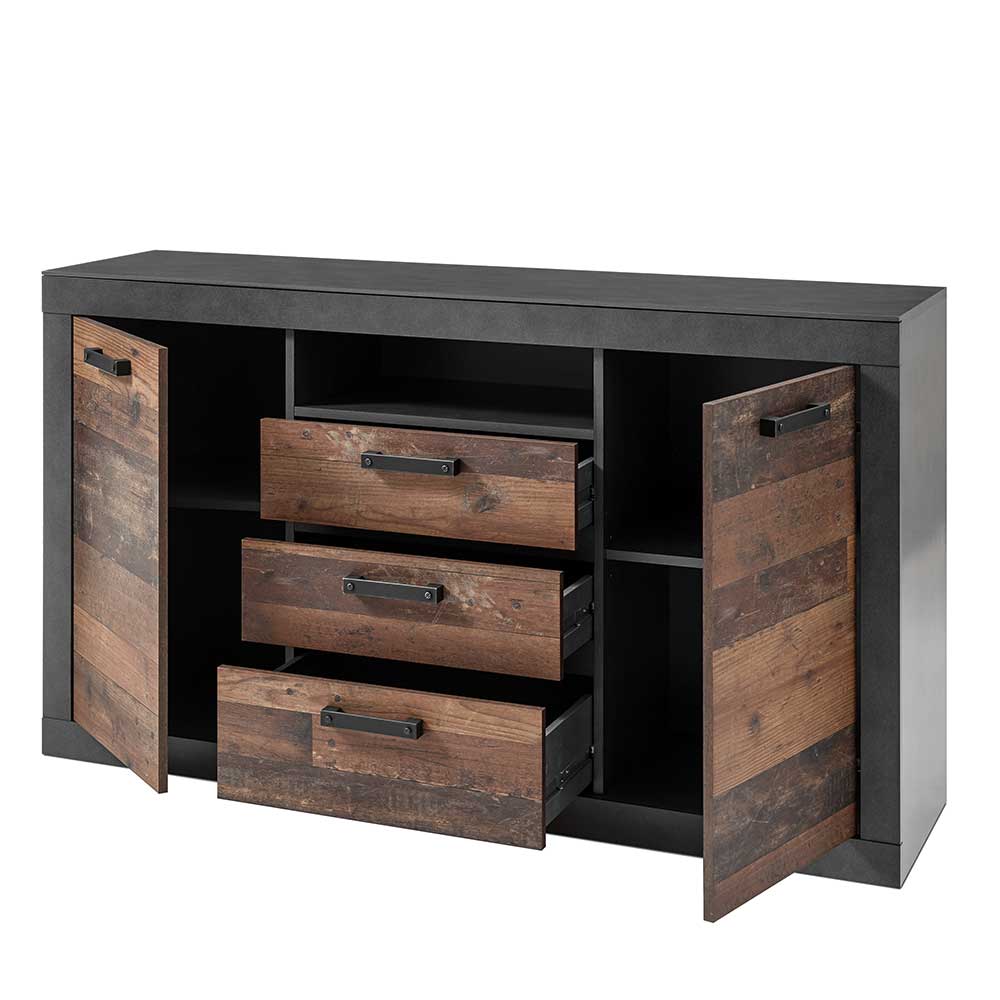 Sideboard in Grau und Holz-Optik mit offenen Türen und leicht geöffneten Schubladen – Timuras