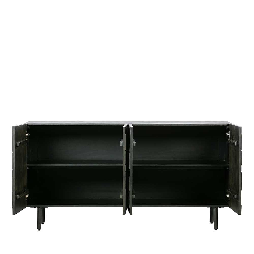 Schwarzes Sideboard mit vier weit geöffneten Türen, freie Sicht auf alle Innenfächer – Eiken
