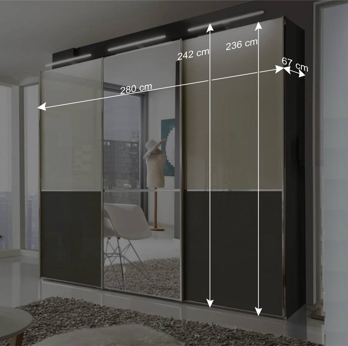 280cm breiter Kleiderschrank mit Glas & Spiegel - Jaletto