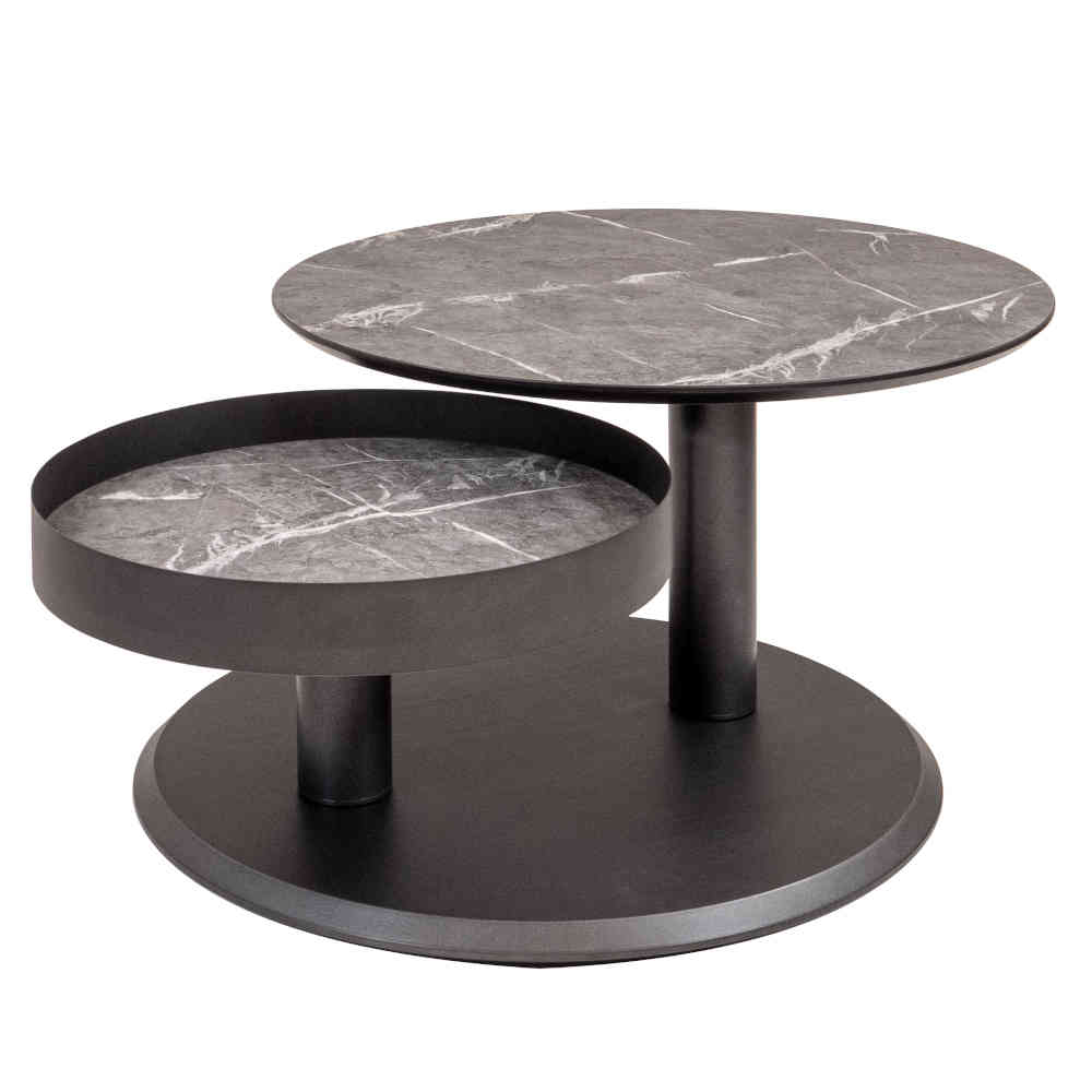 Eleganter Wohnzimmertisch mit zwei schwenkbaren runden Platten in Marmorlook – Lachea
