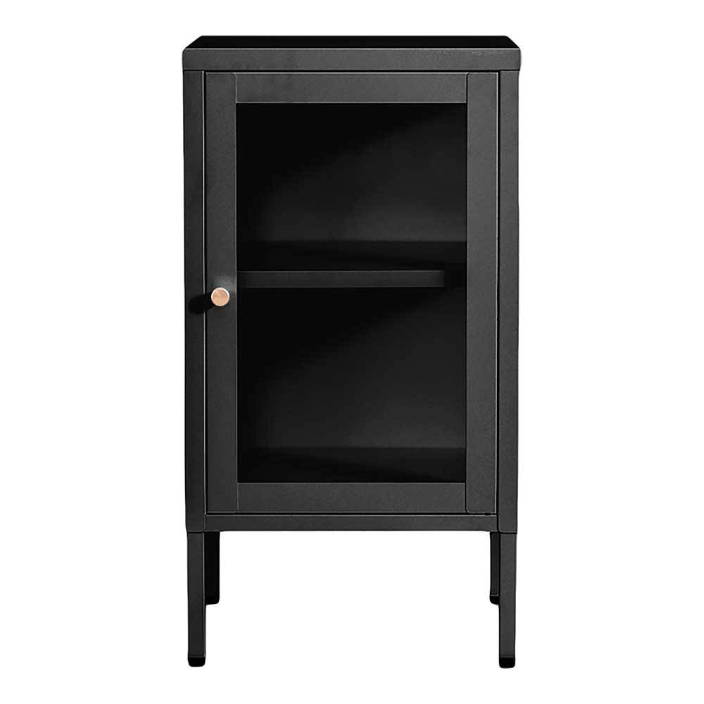 Kleiner schwarzer Vitrinenschrank aus Metall mit Glastür und Regal – Morholt